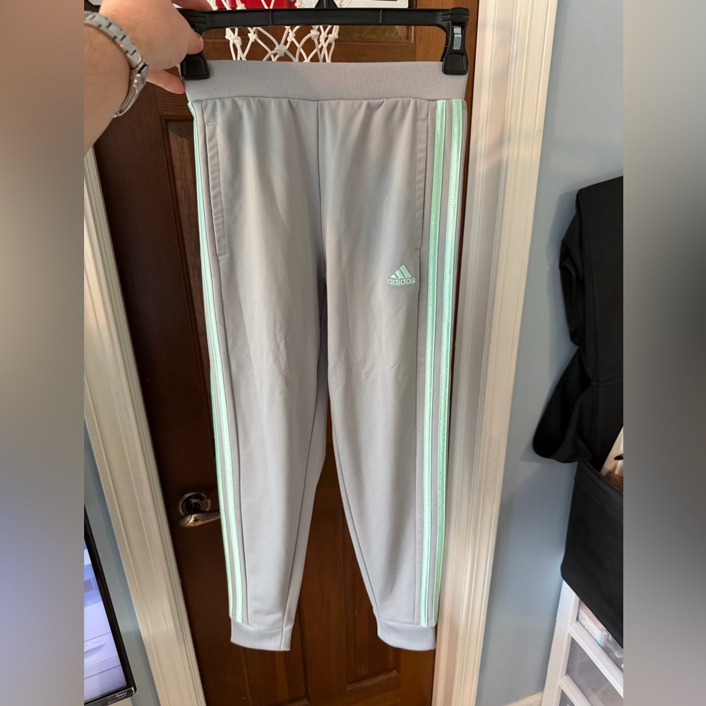 adidas Kids Light Gray Sweatpants with Mint Green Stripes